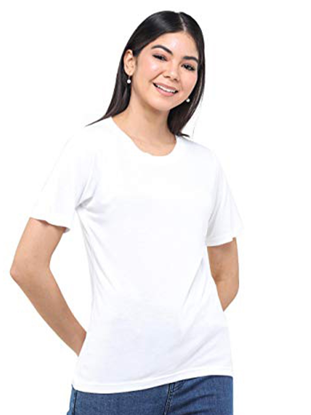 

DECHEN Women White Solid Slim Fit T-shirt