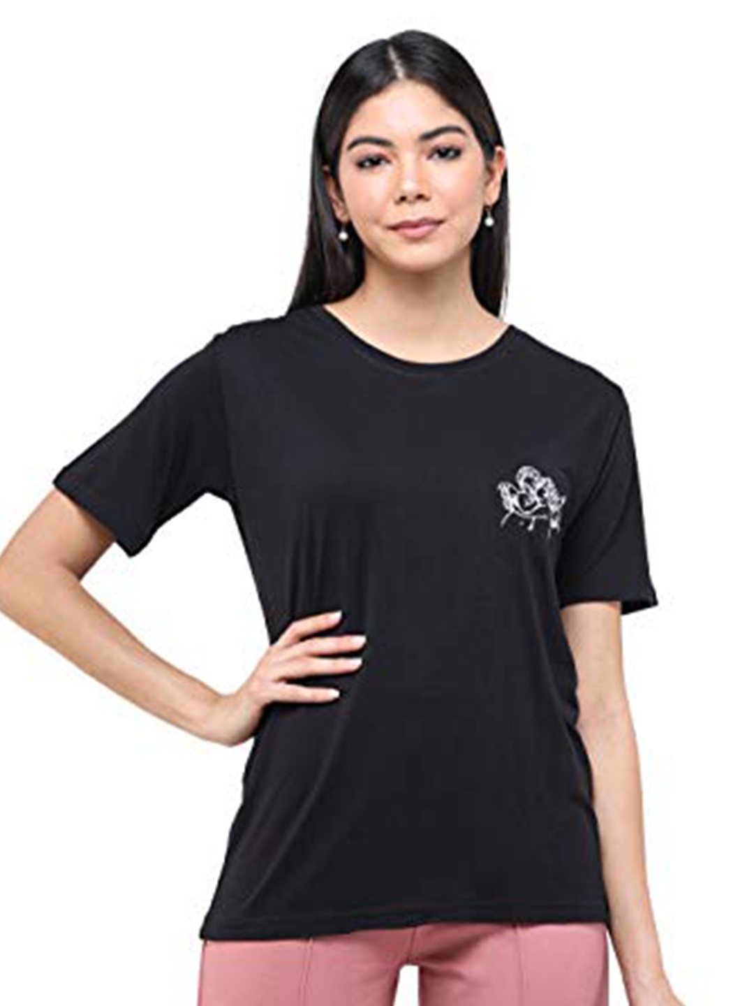 

DECHEN Women Black Solid Slim Fit T-shirt