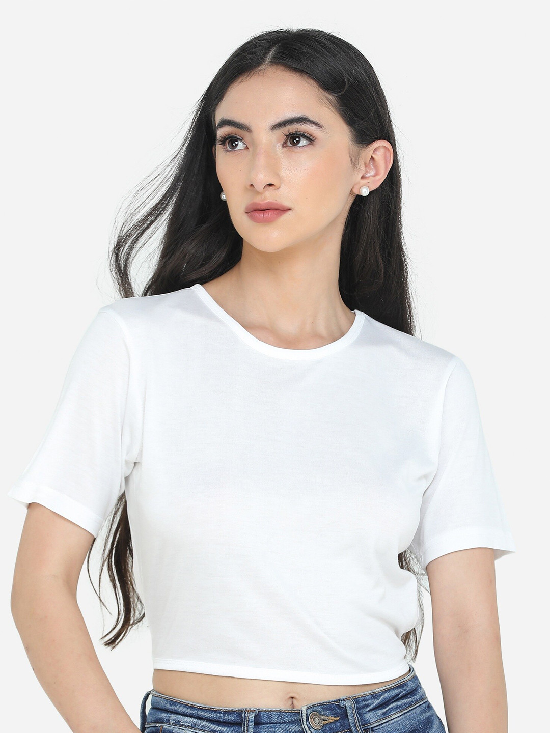 

DECHEN Women White Solid Slim Fit T-shirt