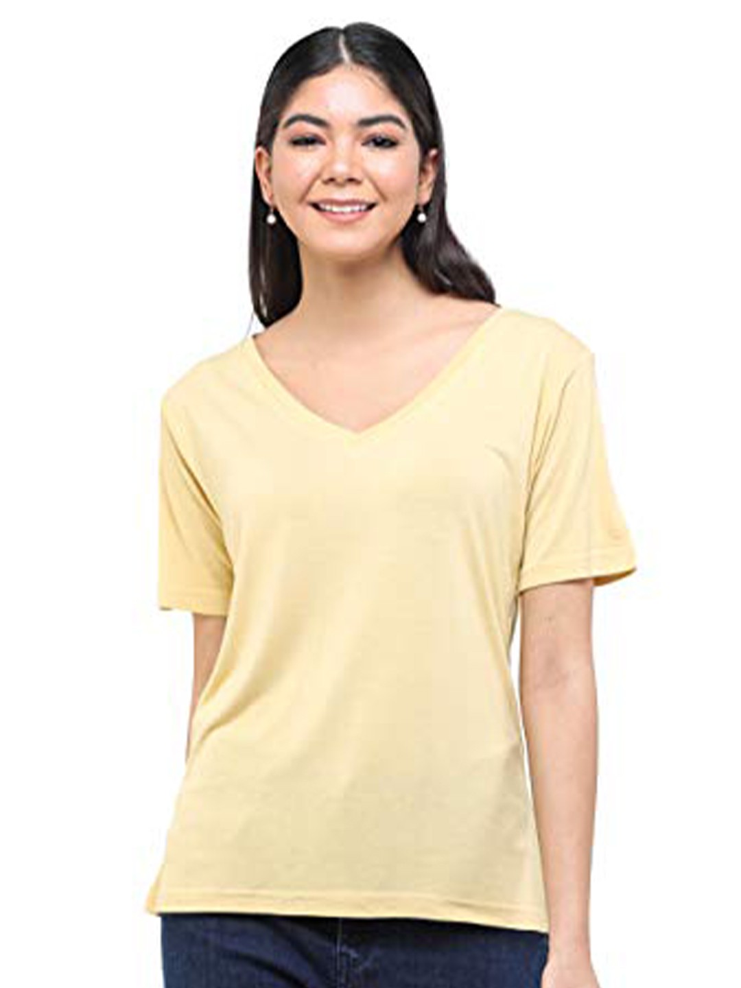 

DECHEN Women Yellow Solid V-Neck Slim Fit T-shirt