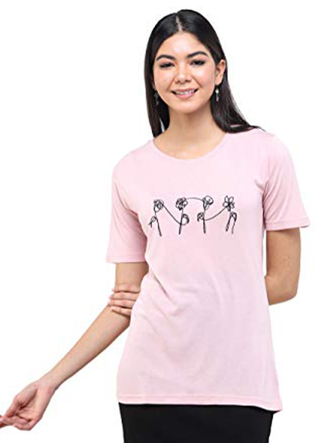 

DECHEN Women Pink Printed Slim Fit T-shirt