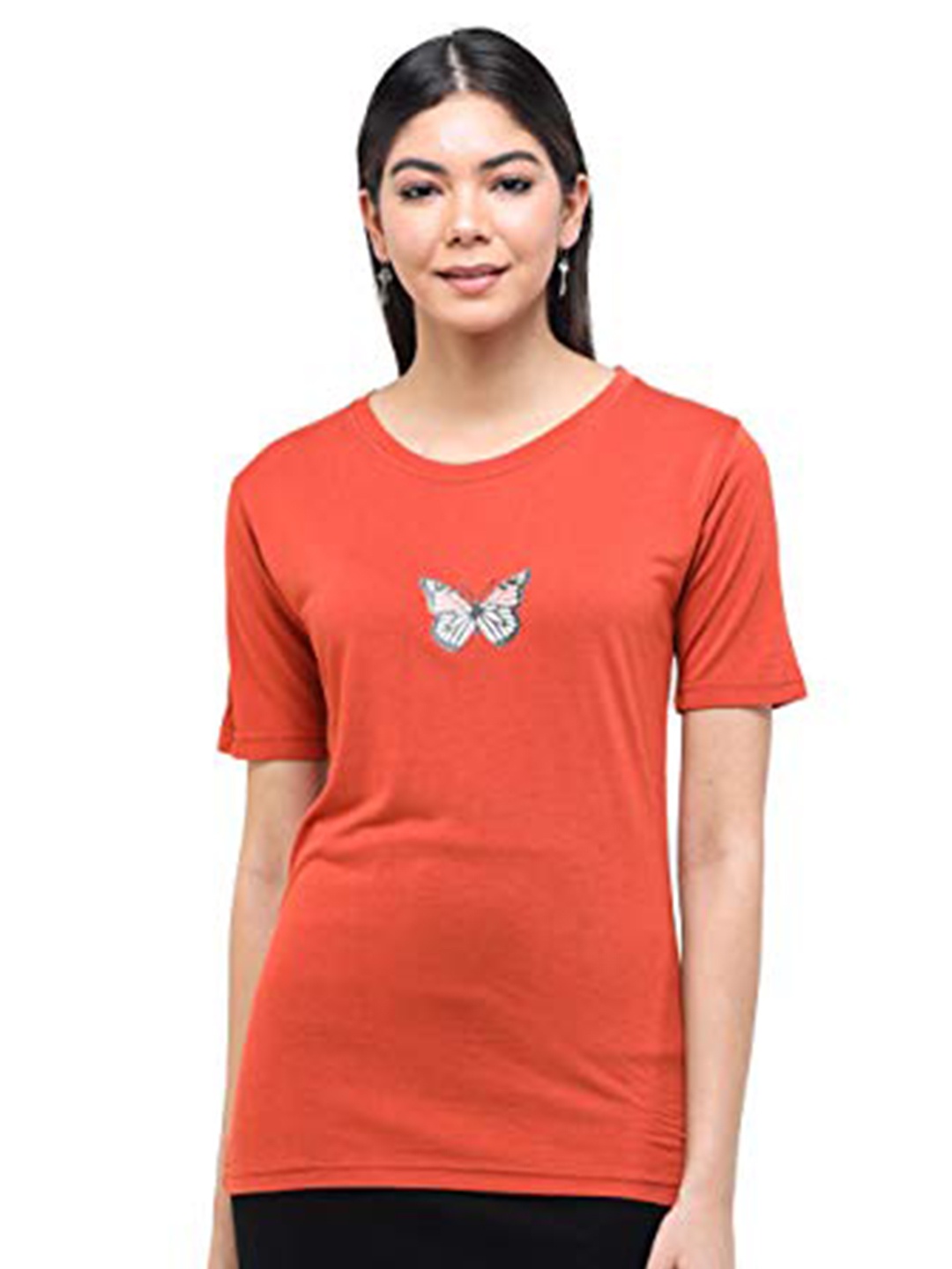 

DECHEN Women Orange Solid Slim Fit T-shirt