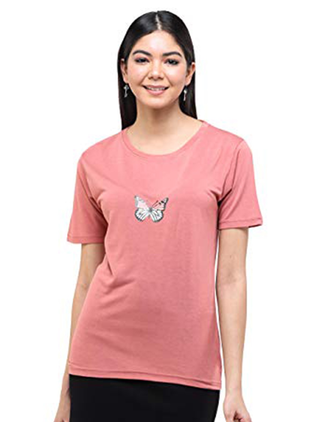 

DECHEN Women Peach-Coloured Solid Slim Fit T-shirt