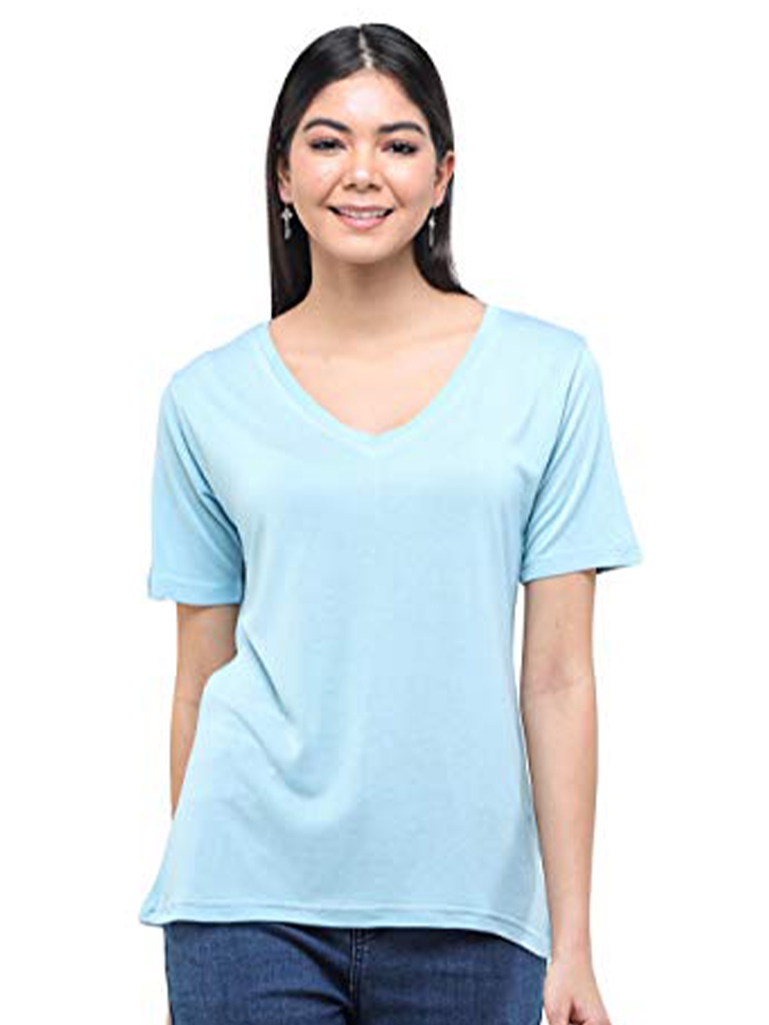 

DECHEN Women Blue V-Neck Slim Fit T-shirt