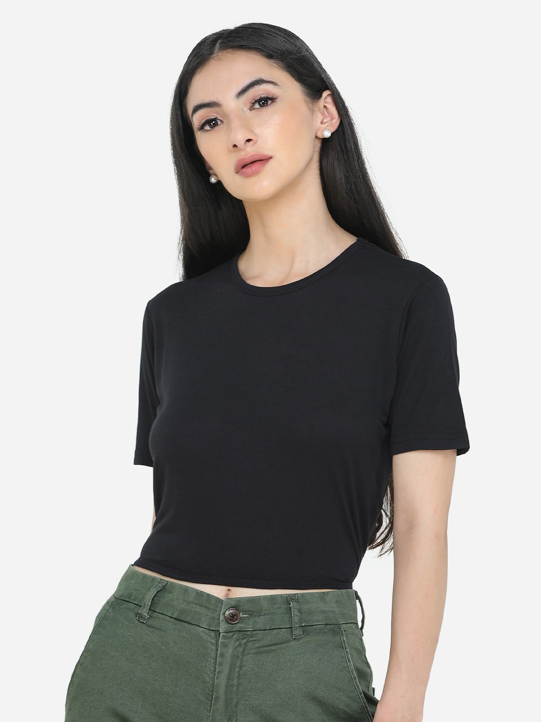 

DECHEN Women Black Crop Slim Fit T-shirt