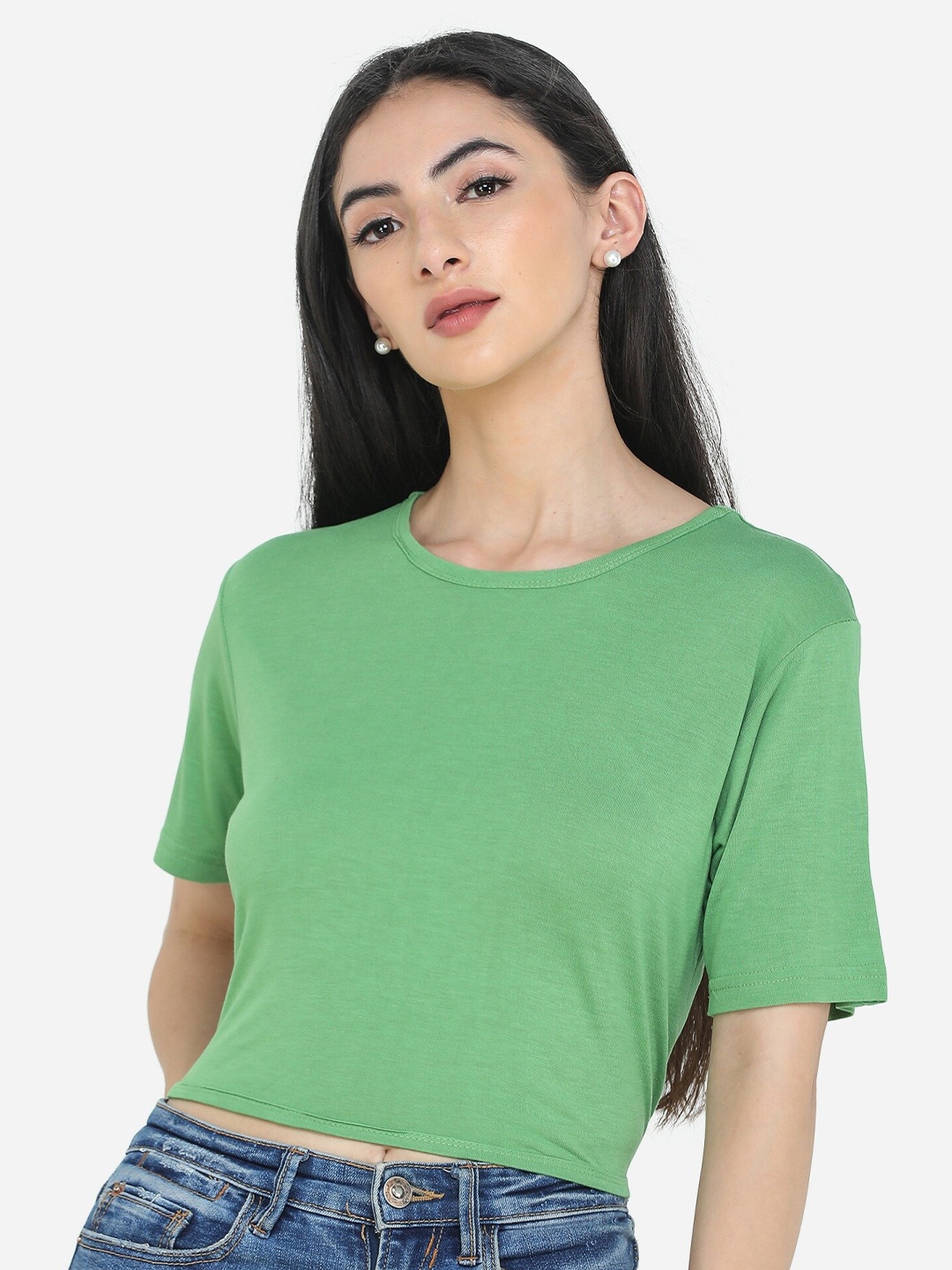 

DECHEN Women Green Crop Slim Fit T-shirt