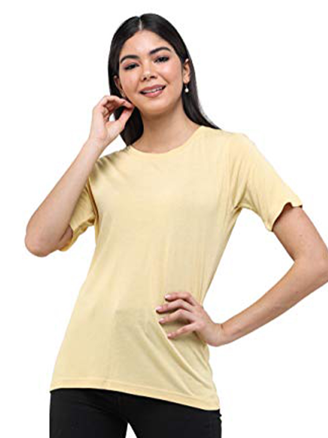 

DECHEN Women Yellow Solid Slim Fit T-shirt