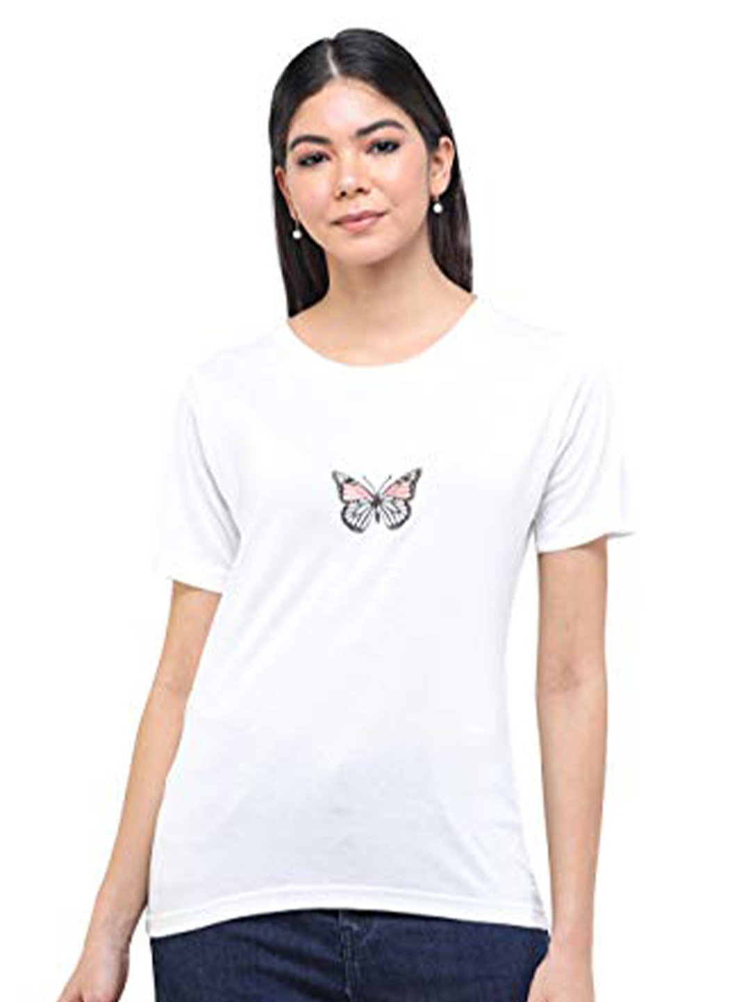 

DECHEN Women White Solid Slim Fit T-shirt