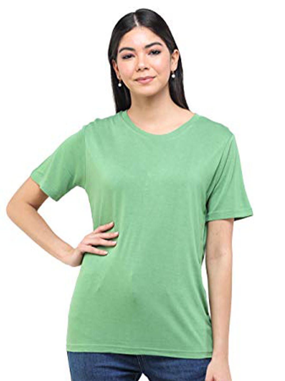 

DECHEN Women Green Round Neck Slim Fit T-shirt