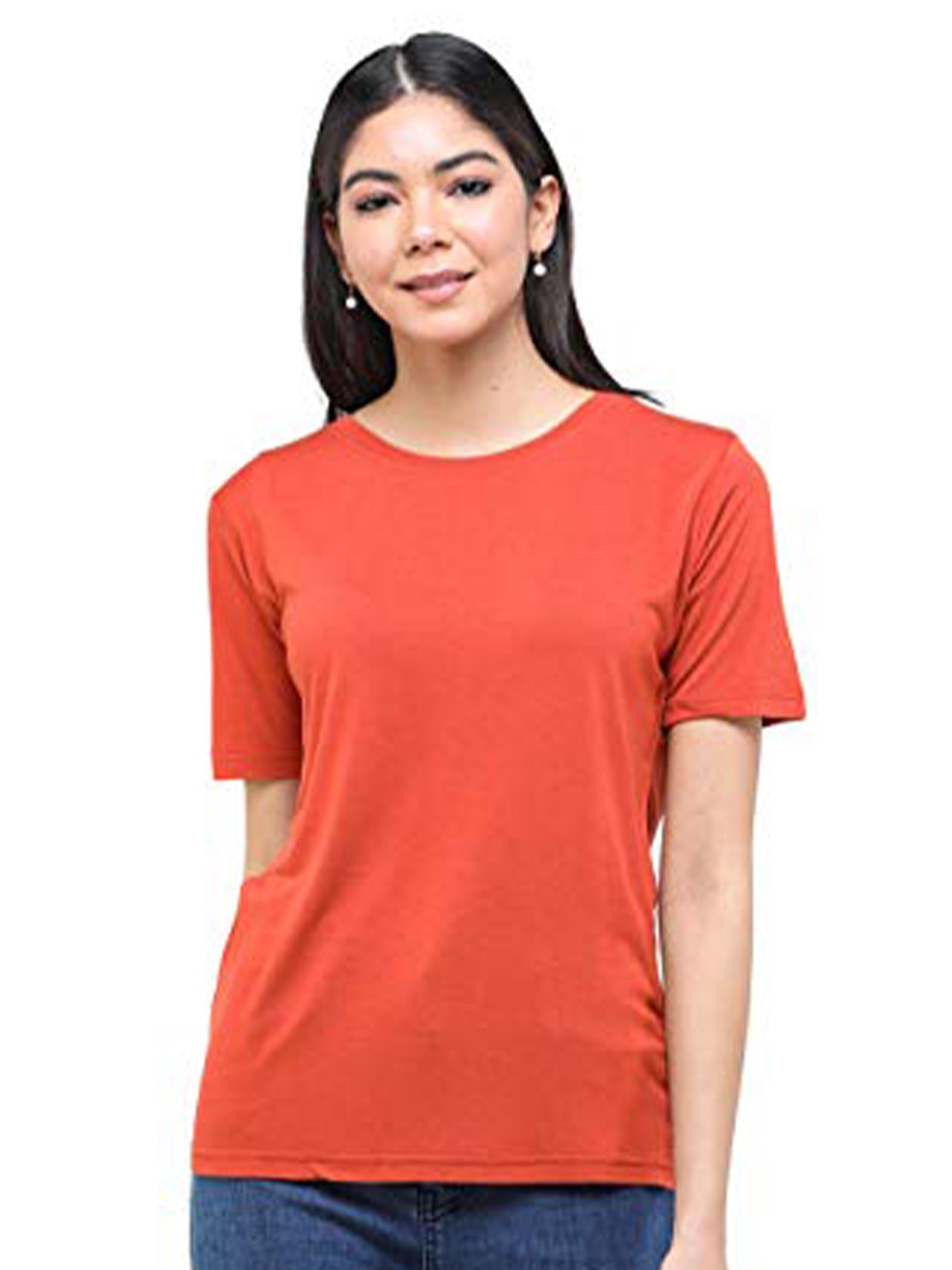 

DECHEN Women Orange Solid Slim Fit T-shirt