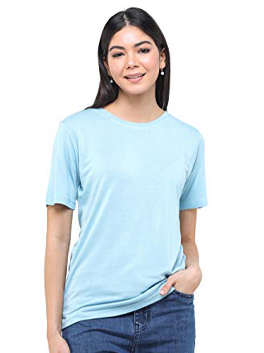 

DECHEN Women Blue Solid Slim Fit T-shirt