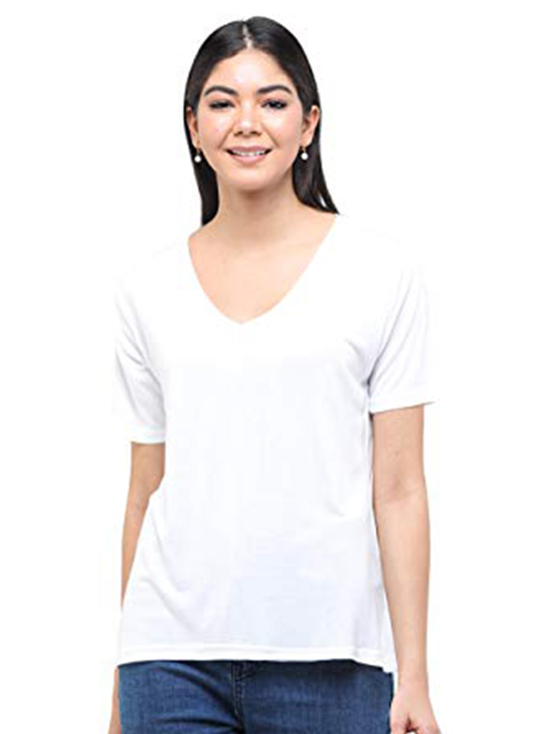

DECHEN Women White Solid V-Neck Slim Fit T-shirt