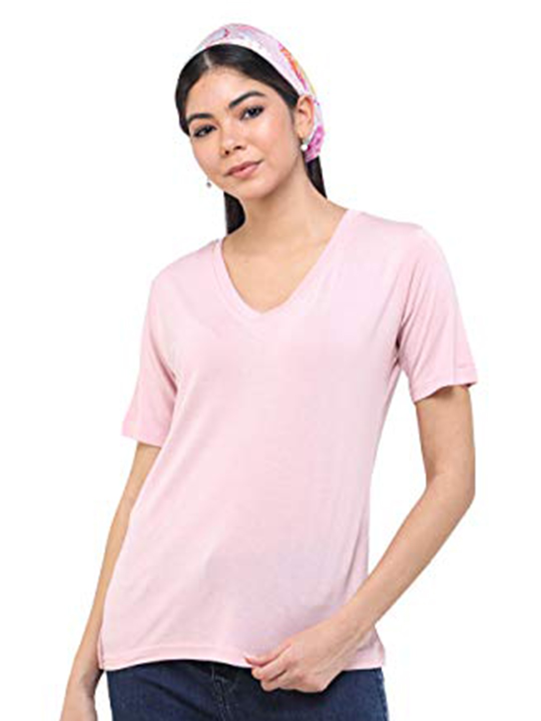 

DECHEN Women Pink Solid V-Neck Slim Fit T-shirt