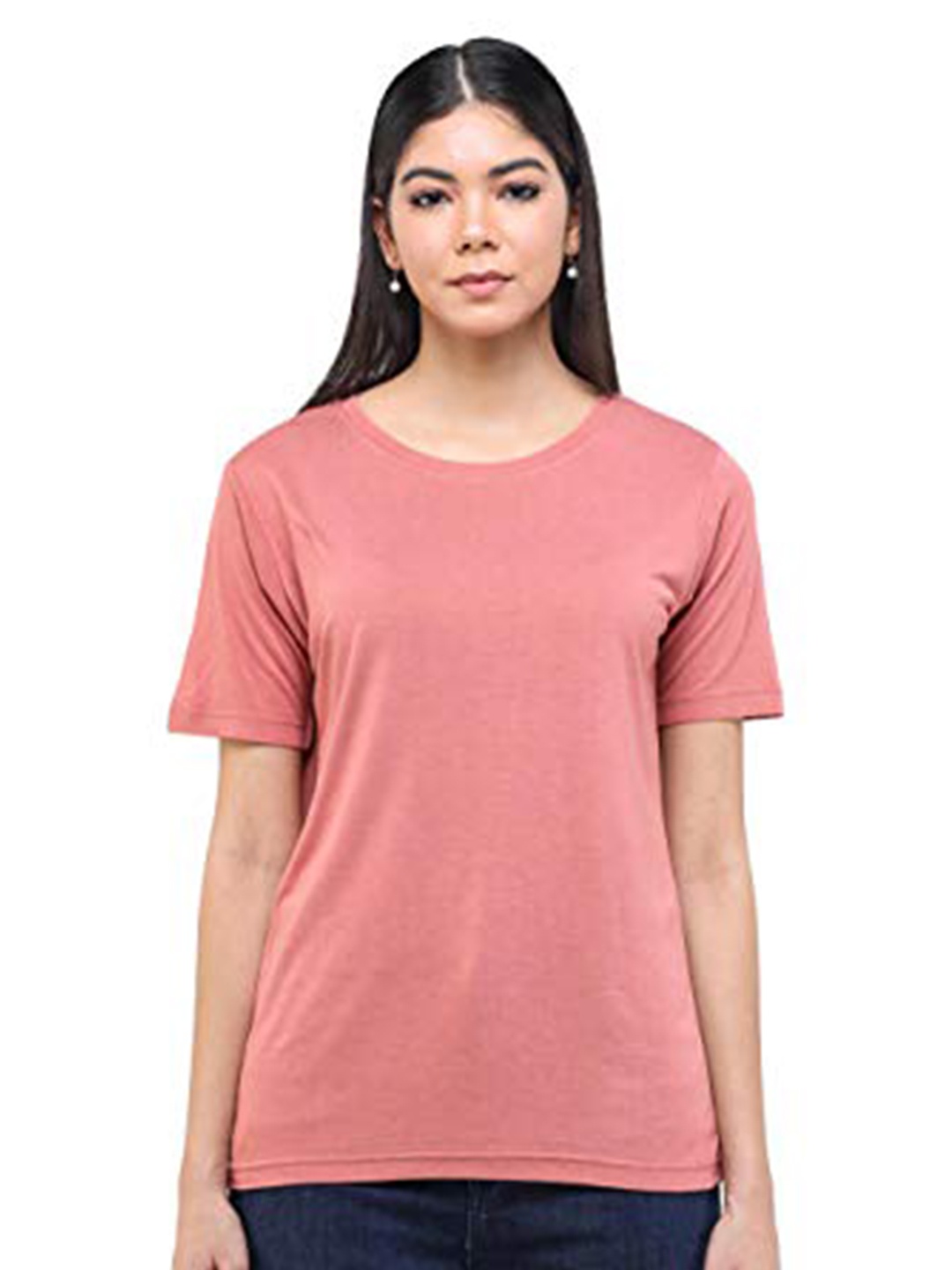 

DECHEN Women Peach-Coloured Solid Slim Fit T-shirt