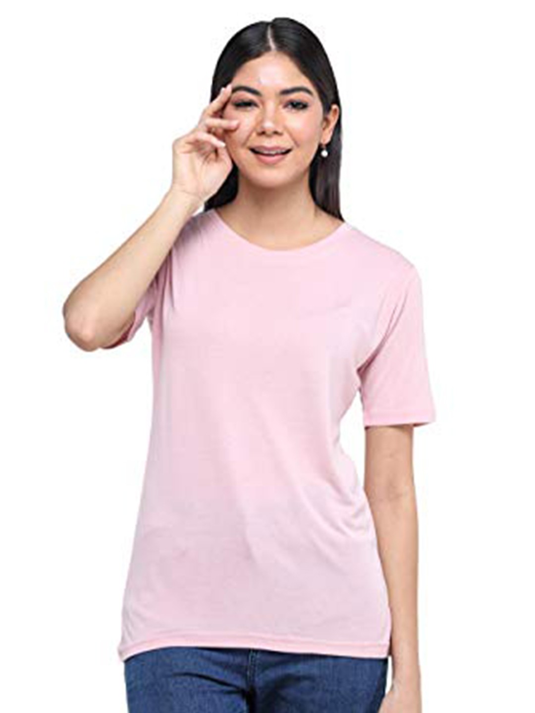 

DECHEN Women Solid Pink Slim Fit T-shirt