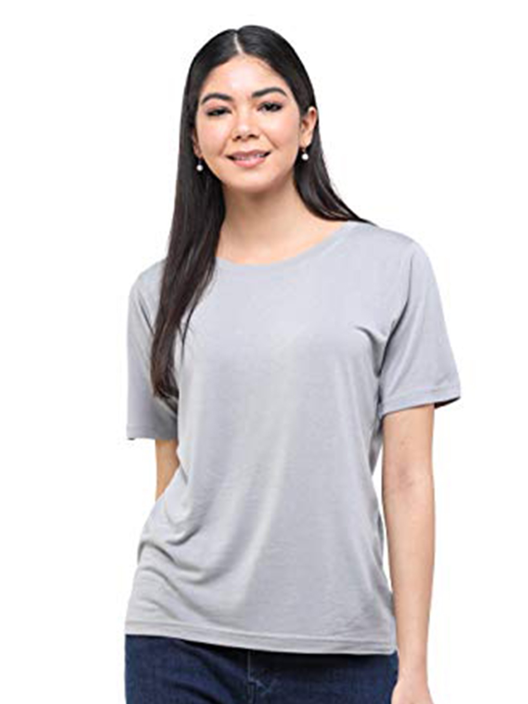 

DECHEN Women Grey Solid Slim Fit T-shirt