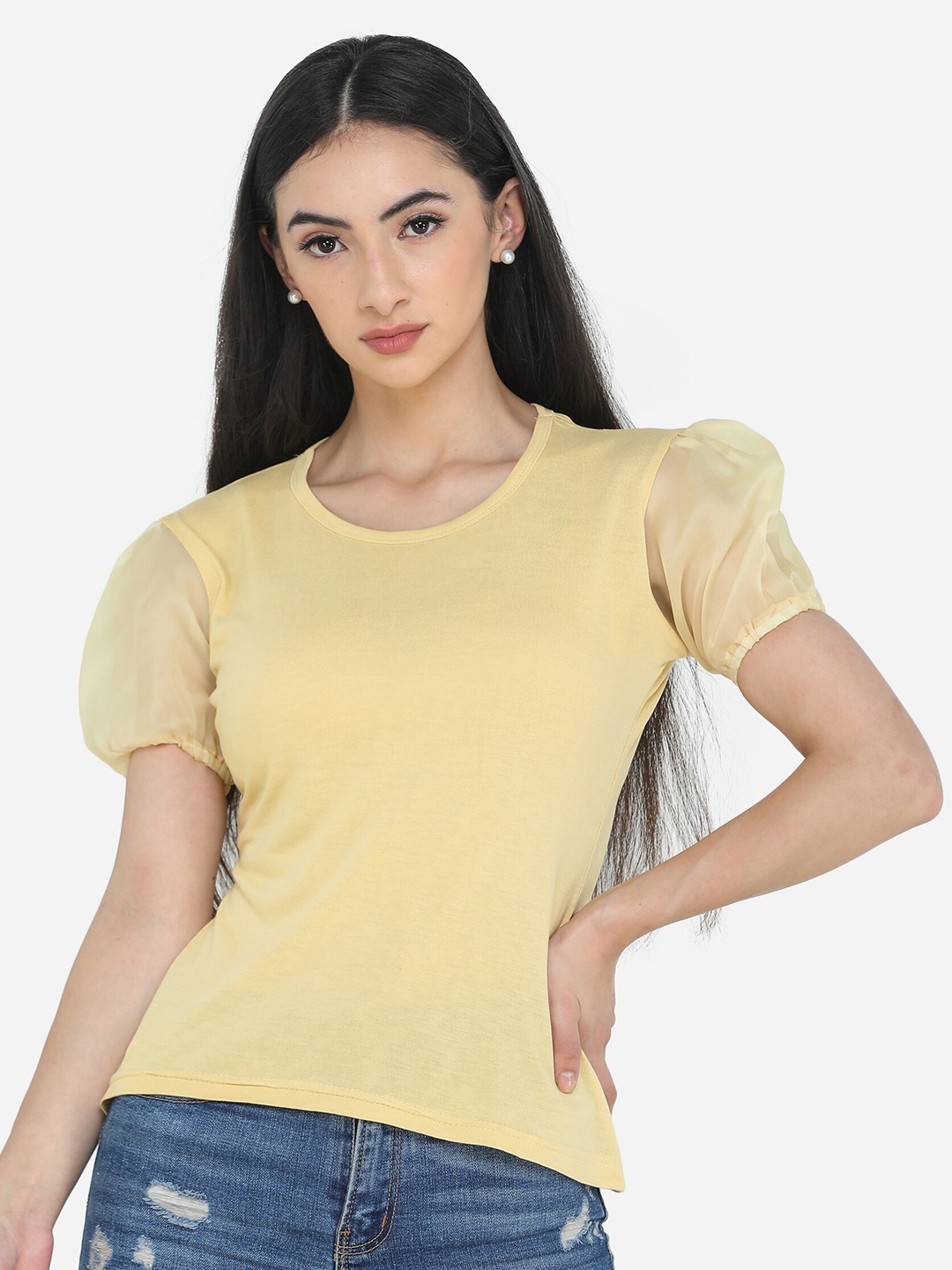 

DECHEN Women Yellow Puff Sleeves Slim Fit T-shirt
