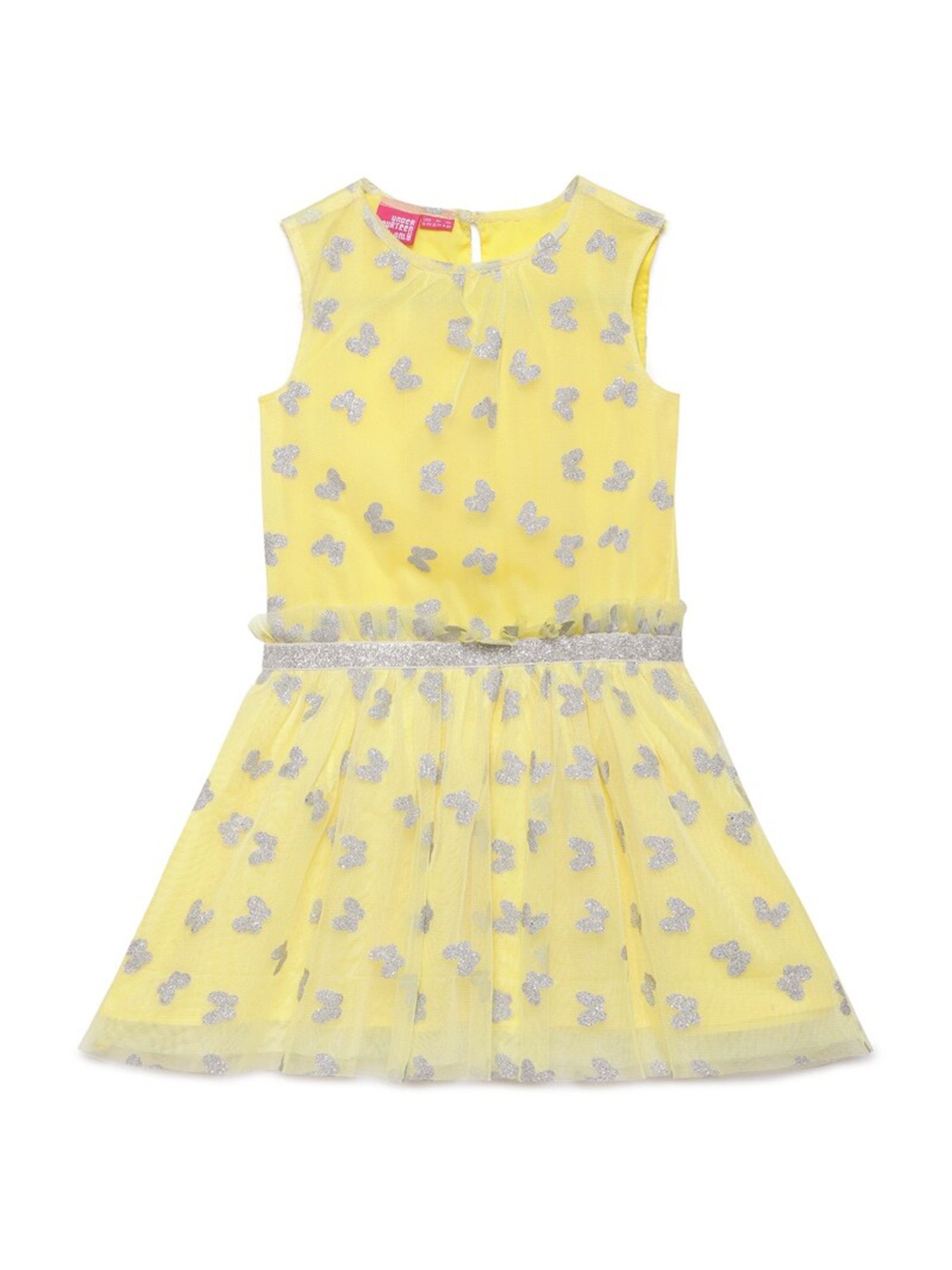 

UNDER FOURTEEN ONLY Girls Sleeveless Round Neck Butterfly Embellished Dress, Yellow