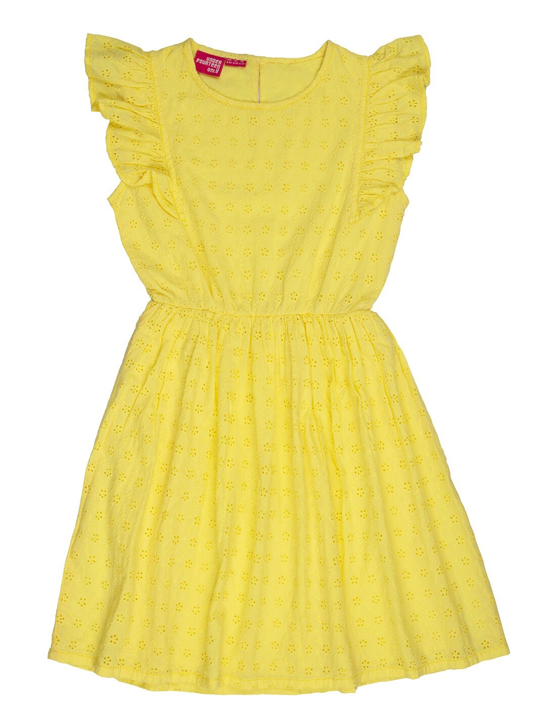 

UNDER FOURTEEN ONLY Girls Schiffli Embroidered Flutter Sleeves Cotton Dress, Yellow