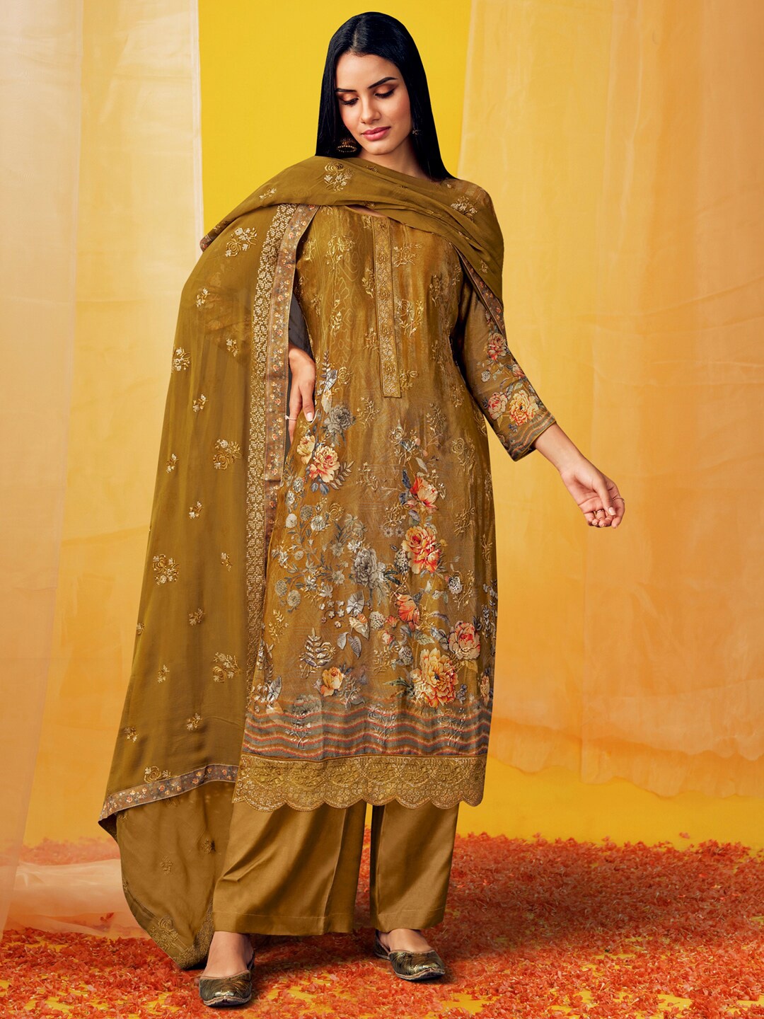 

Stylee LIFESTYLE Women Mustard & Grey Silk Chiffon Unstitched Dress Material