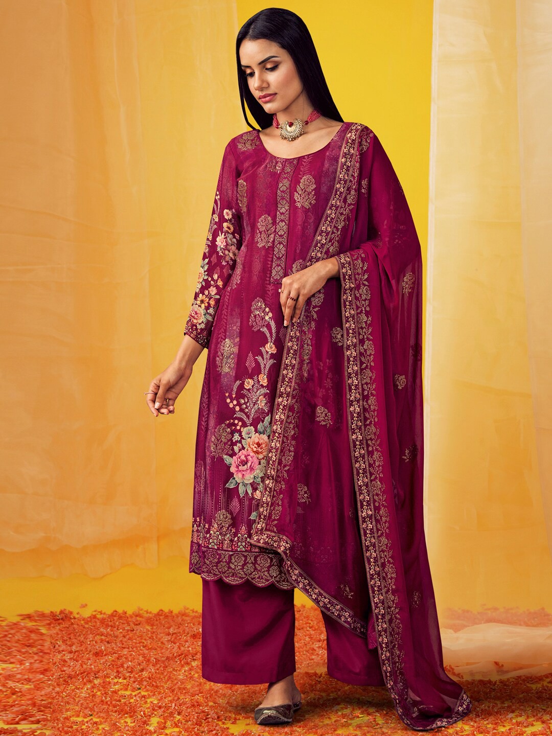 

Stylee LIFESTYLE Women Magenta & Gold Silk Chiffon Unstitched Dress Material