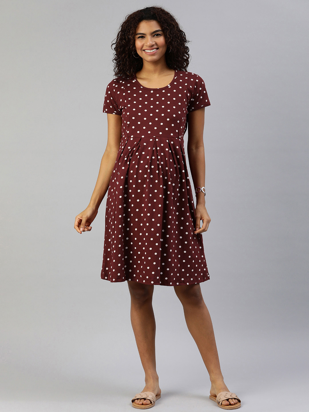 

MomToBe Women Burgundy Polka Dot Printed Cotton Maternity Sustainable Dress