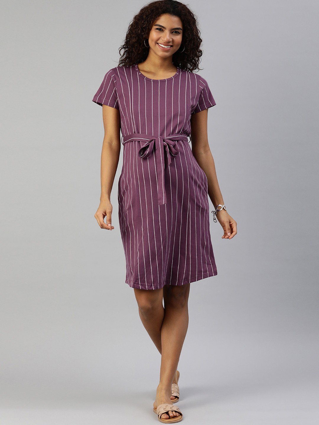 

MomToBe Women Striped Maternity A-Line Dress, Purple