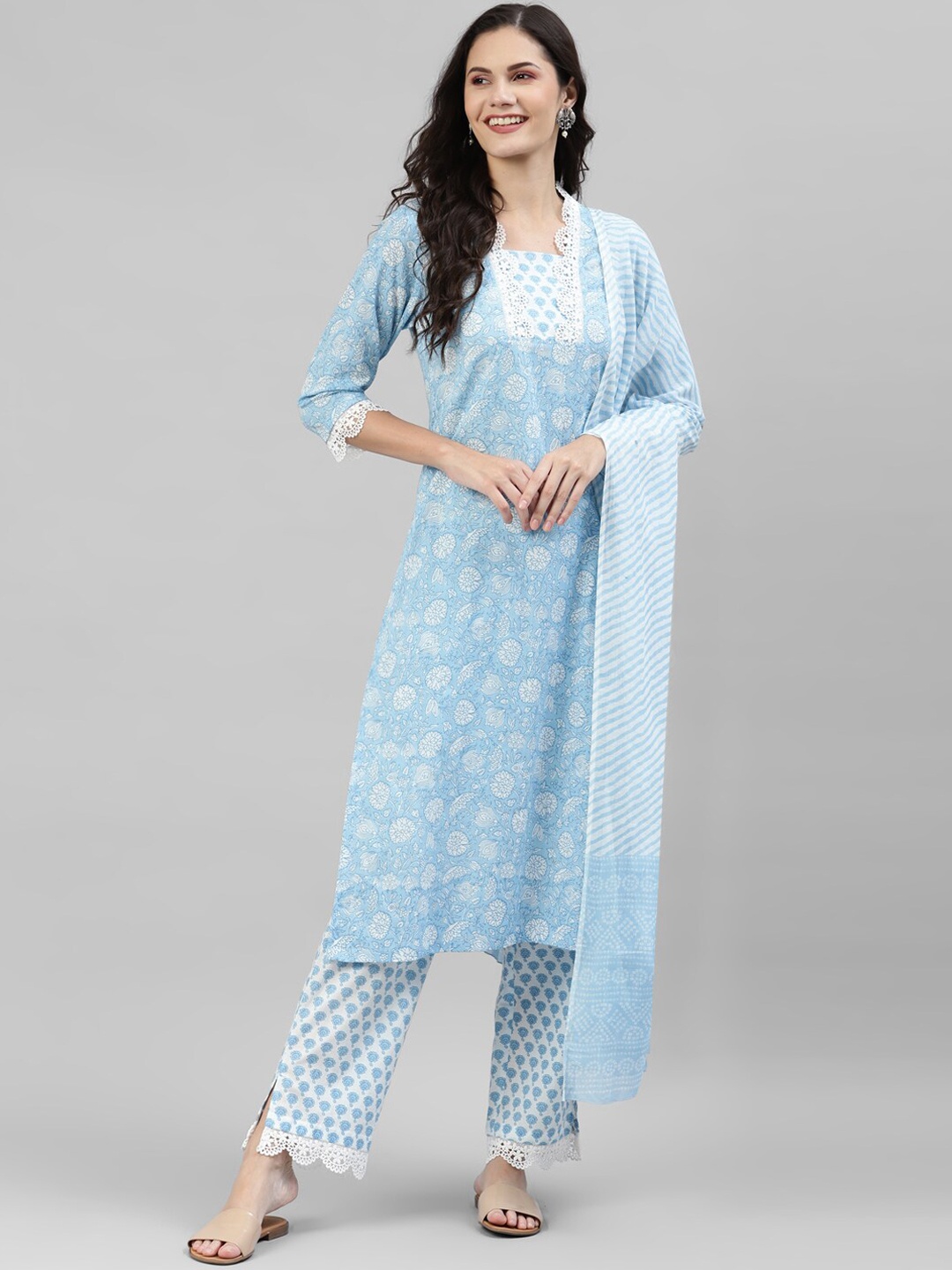

DEEBACO Women Floral Printed Kurta with Trouser & Dupatta, Blue