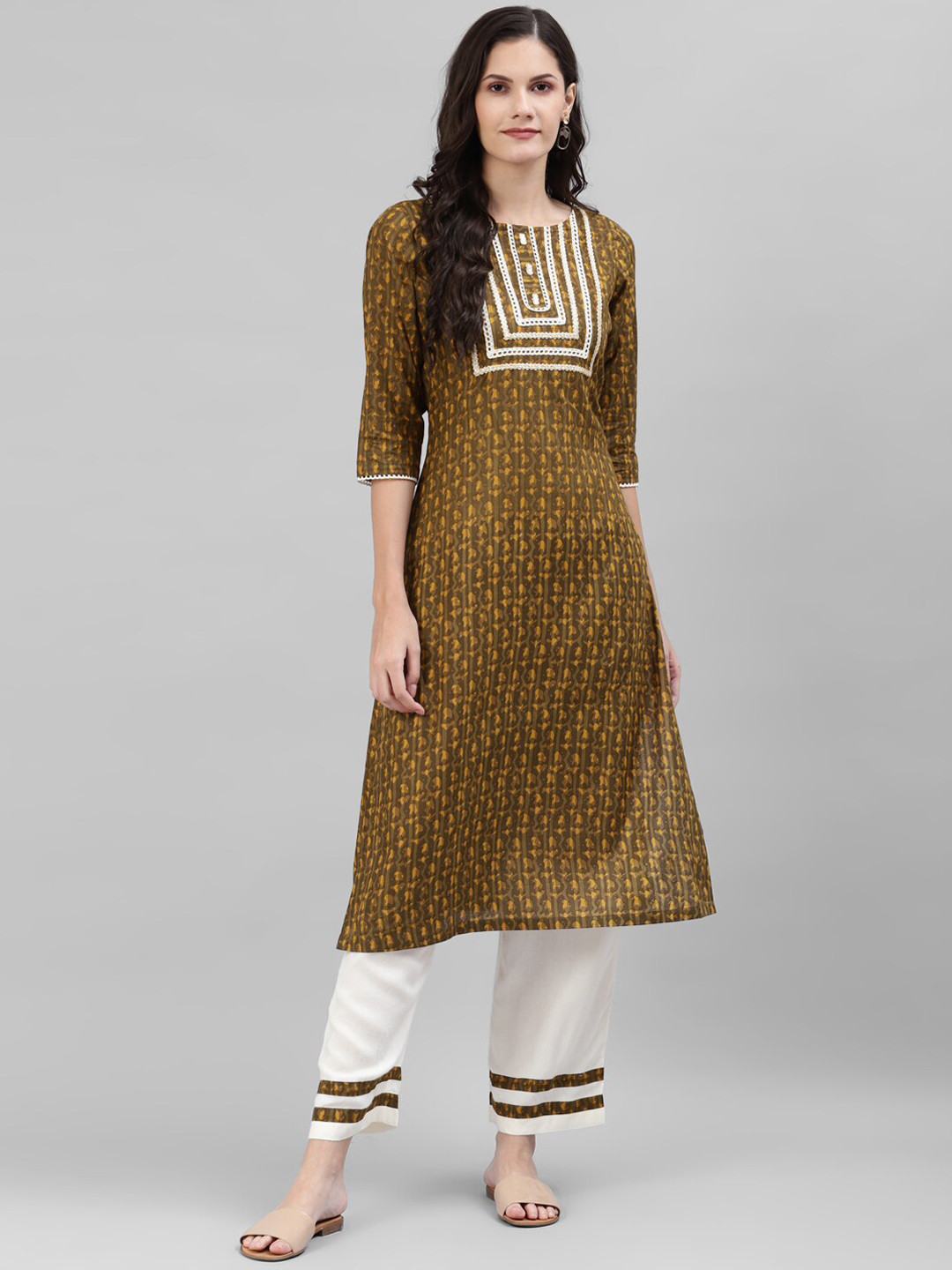 

DEEBACO Women Printed Lace Work Kurta with Trouser, Brown