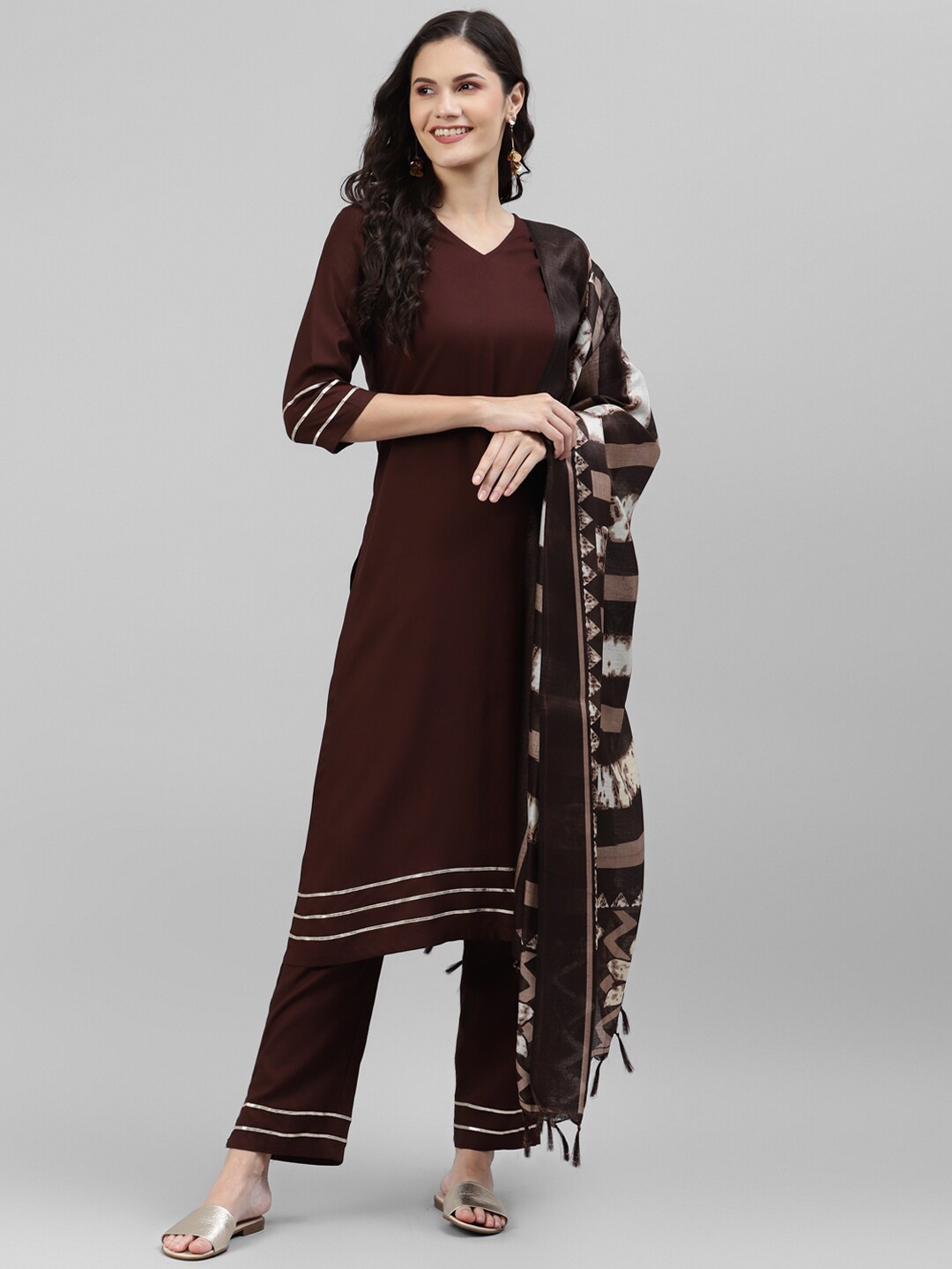 

DEEBACO Women Gotta Patti Kurta with Trouser & Dupatta, Brown