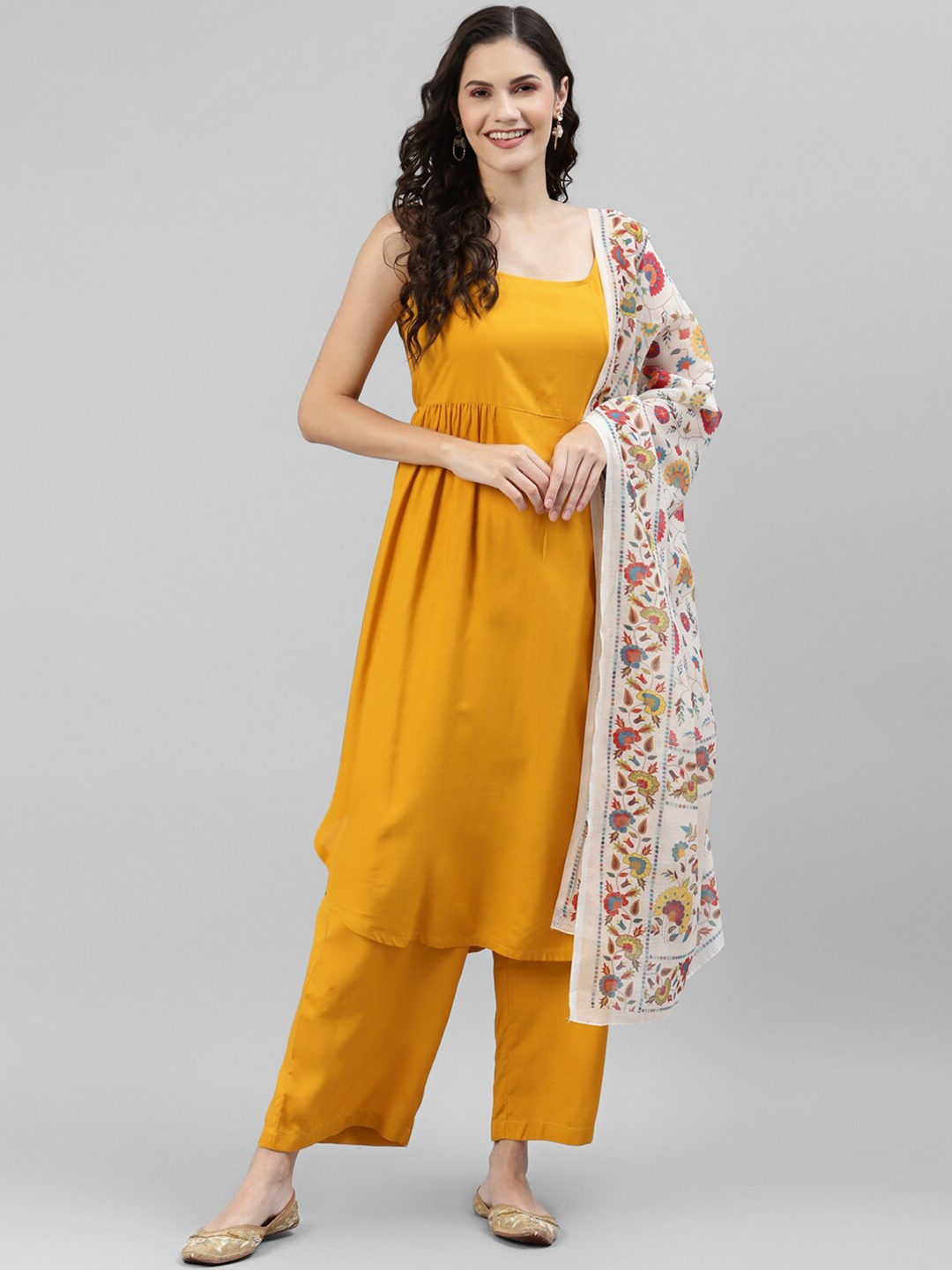 

DEEBACO Women Solid Pleated Kurta & Palazzos With Dupatta, Mustard