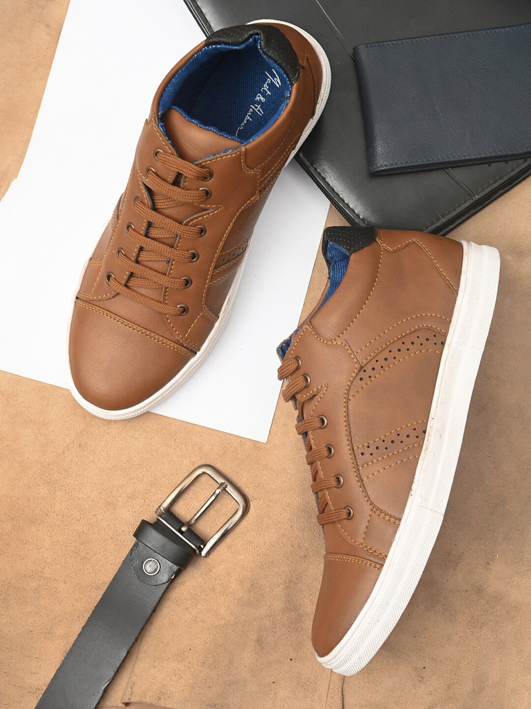 

Mast & Harbour Men Tan Perforations Synthetic Leather Sneakers