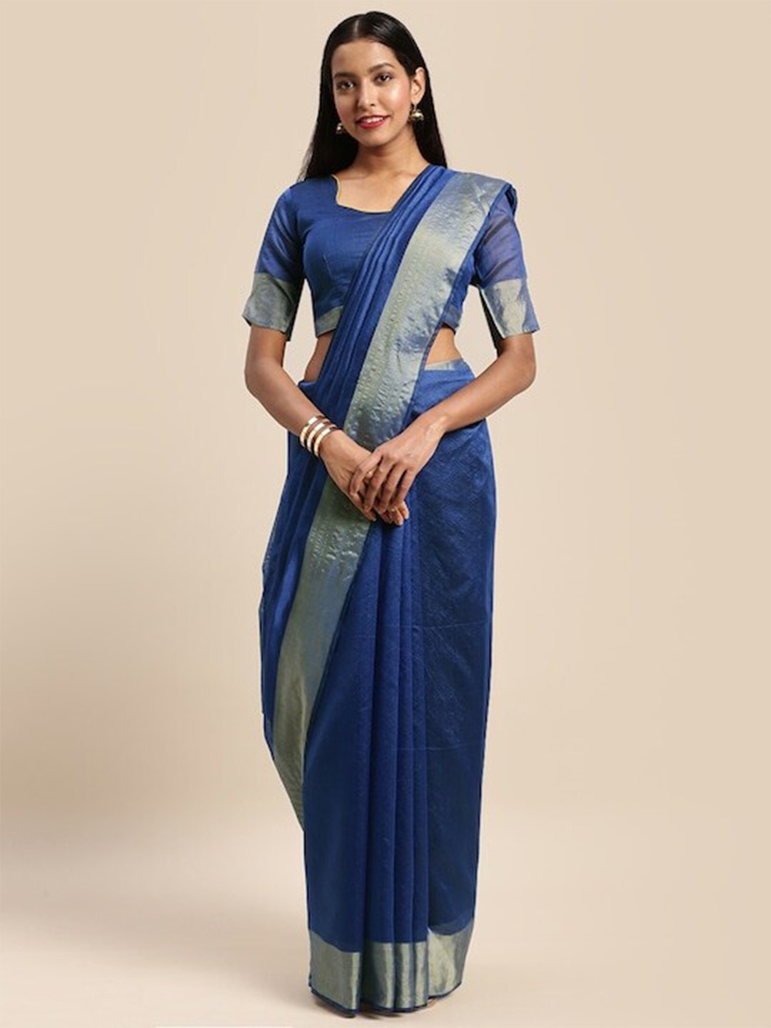 

SAADHVI Blue & Silver-Toned Solid Zari Art Silk Saree