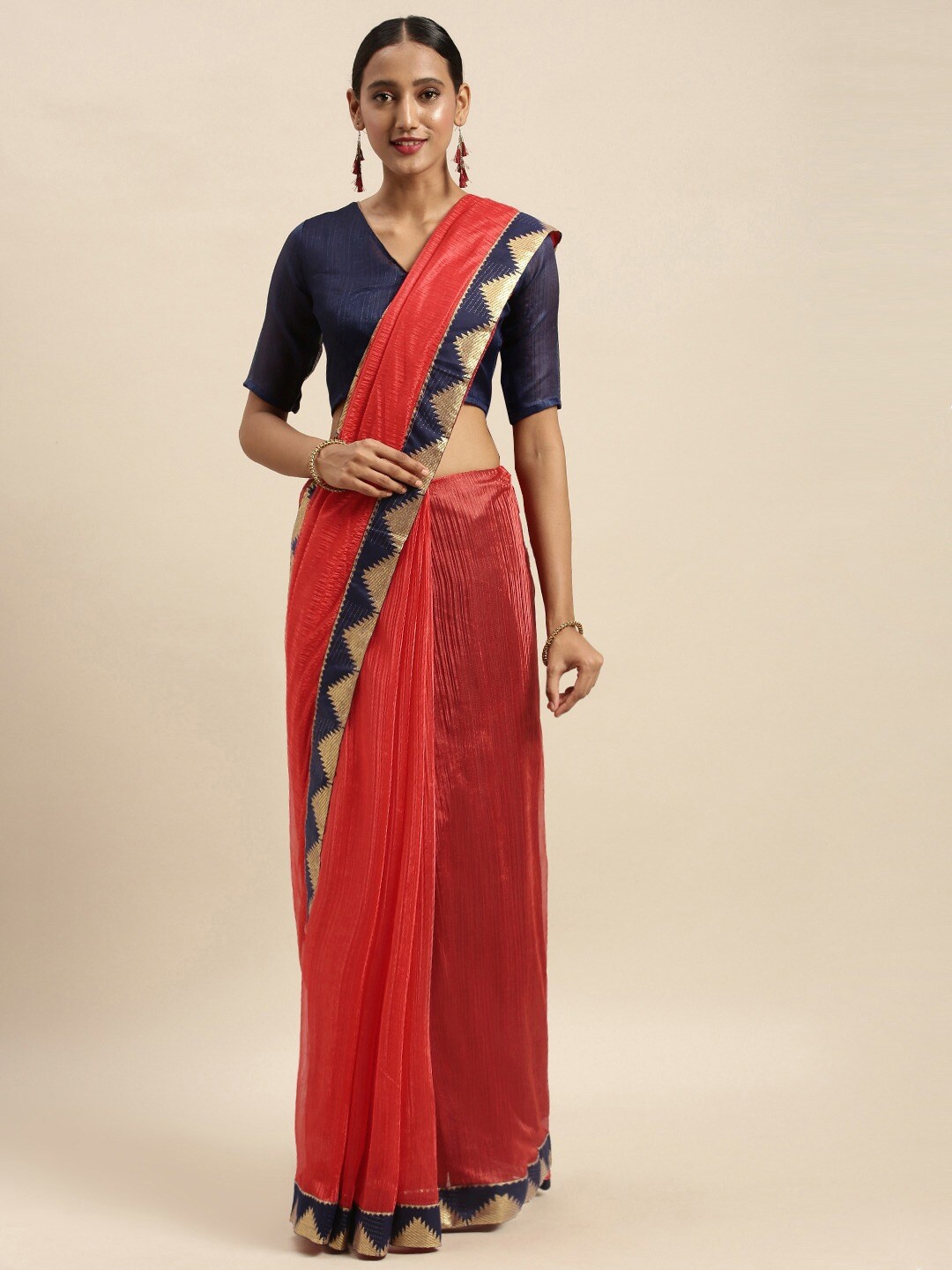 

SAADHVI Red & Gold-Toned Zari Border Solid Saree