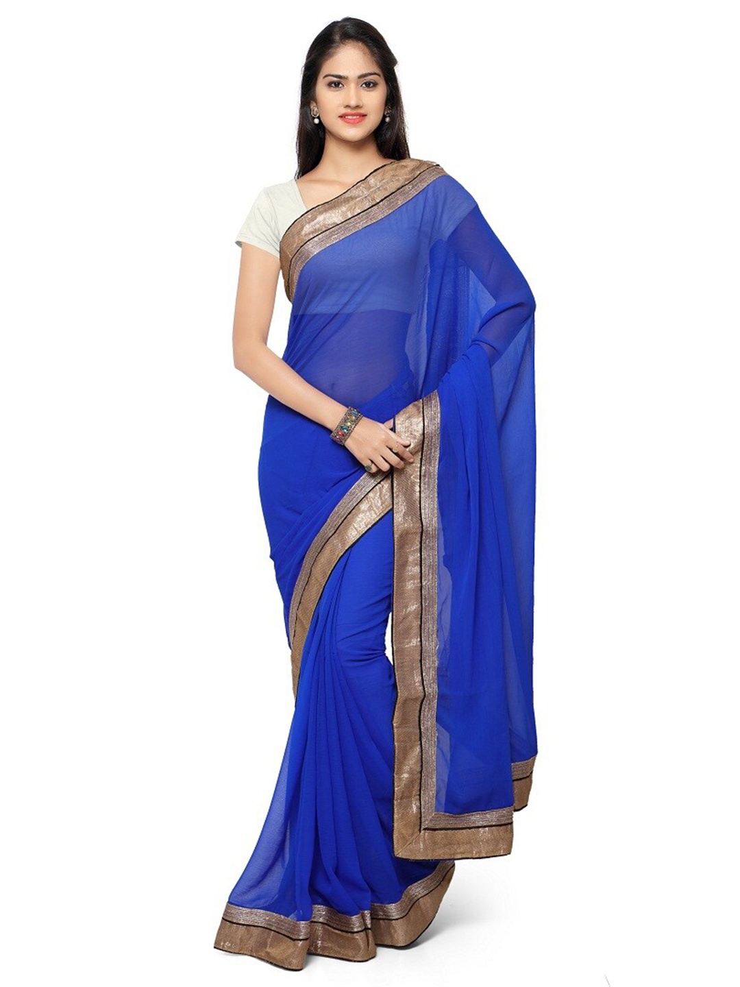 

SAADHVI Blue & Gold-Toned Zari Saree