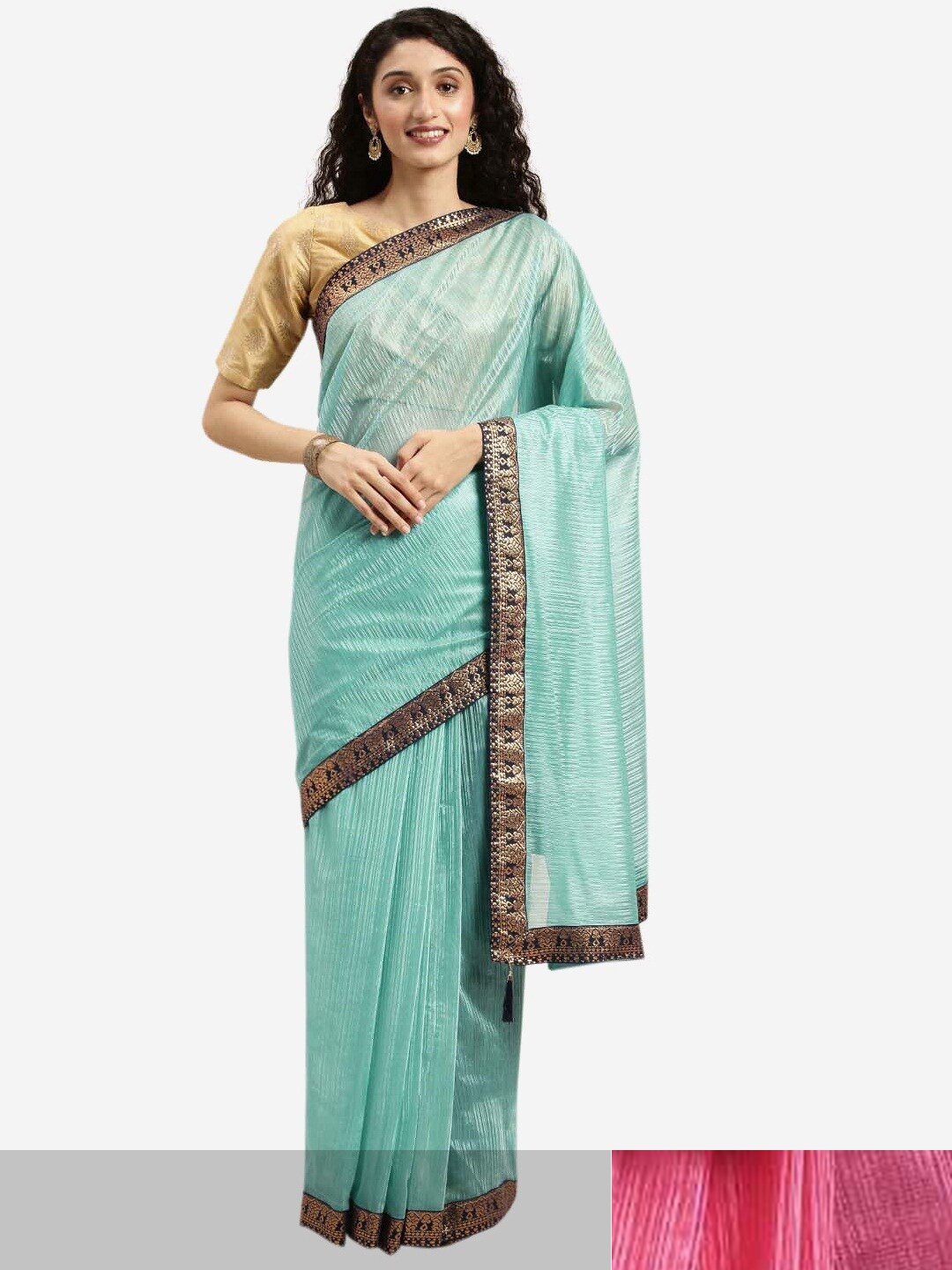 

SAADHVI Sea Green & Pink Zari Art Silk Saree
