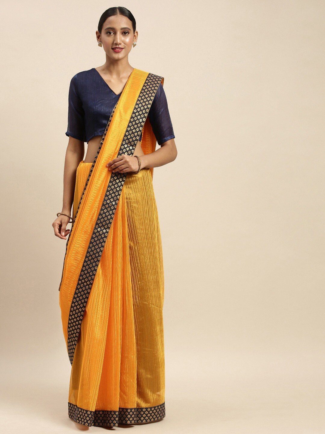 

SAADHVI Yellow & Navy Blue Art Silk Saree