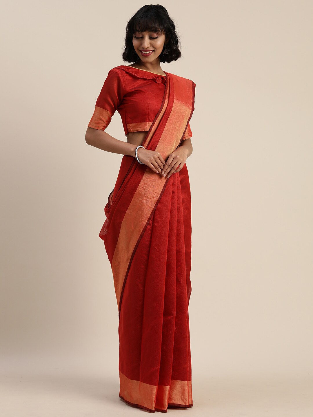 

SAADHVI Red & Gold-Toned Zari Art Silk Saree