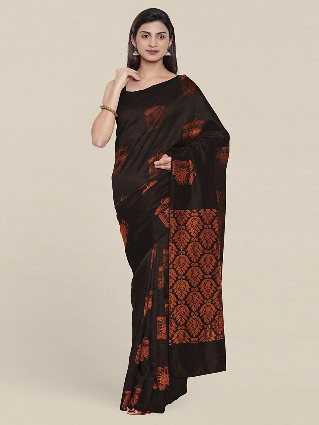 

Pothys Black & Copper-Toned Ethnic Motifs Zari Pure Silk Saree