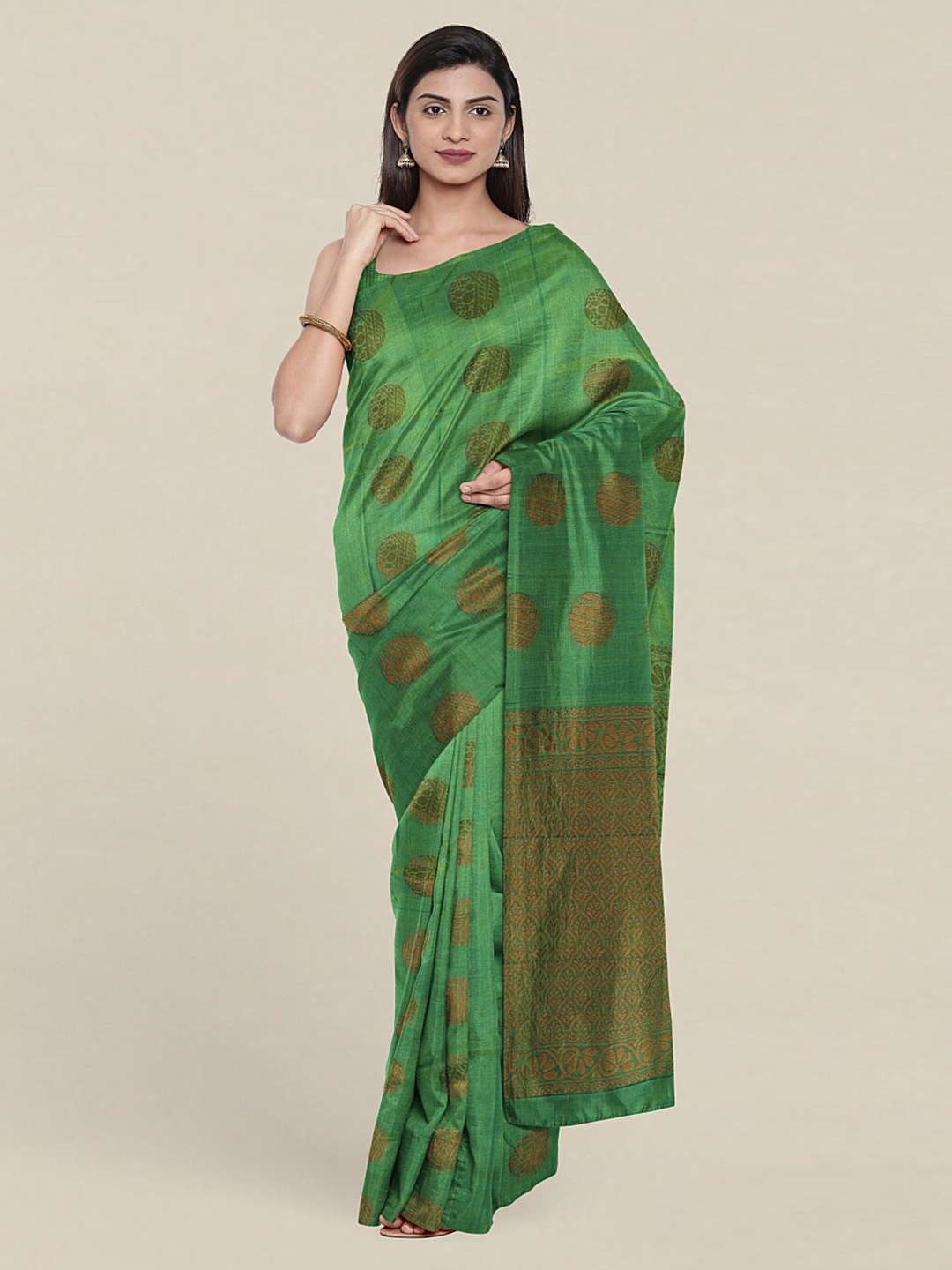 

Pothys Green & Copper-Toned Ethnic Motifs Zari Pure Silk Saree