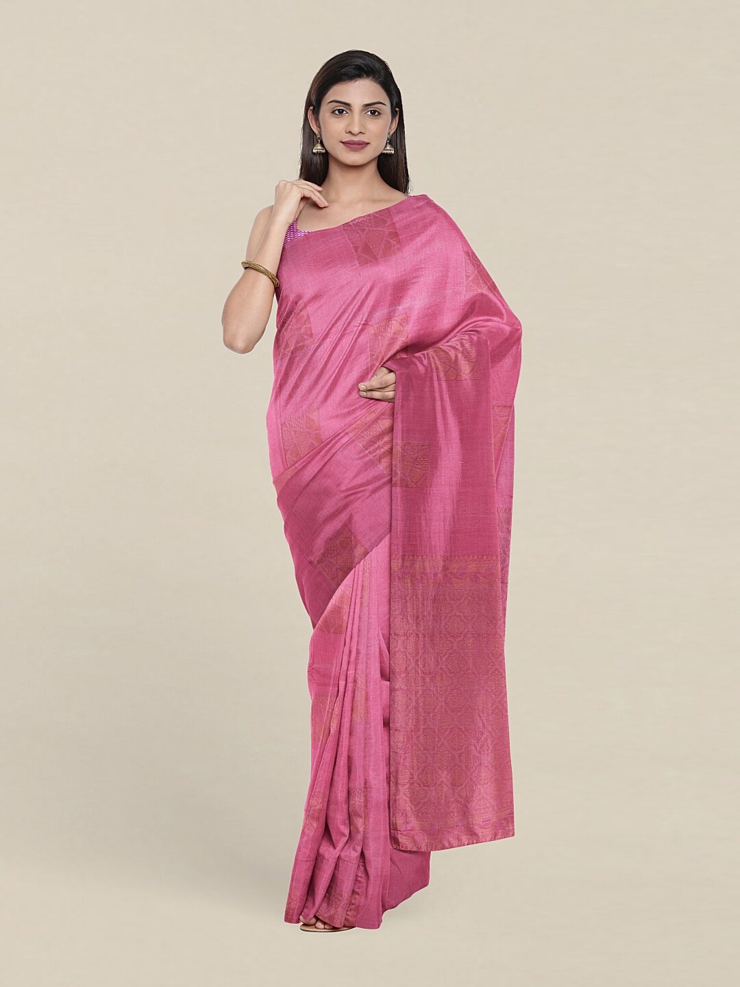 

Pothys Pink & Copper-Toned Ethnic Motifs Zari Pure Silk Saree