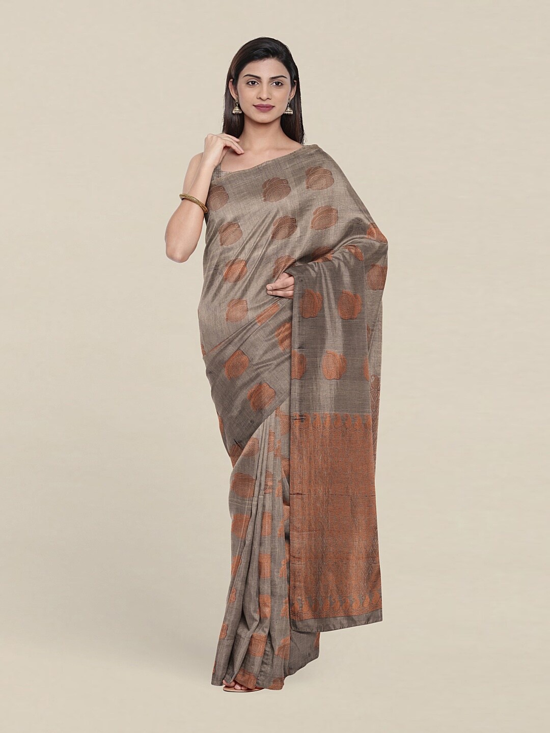 

Pothys Grey & Gold-Toned Ethnic Motifs Zari Pure Silk Saree