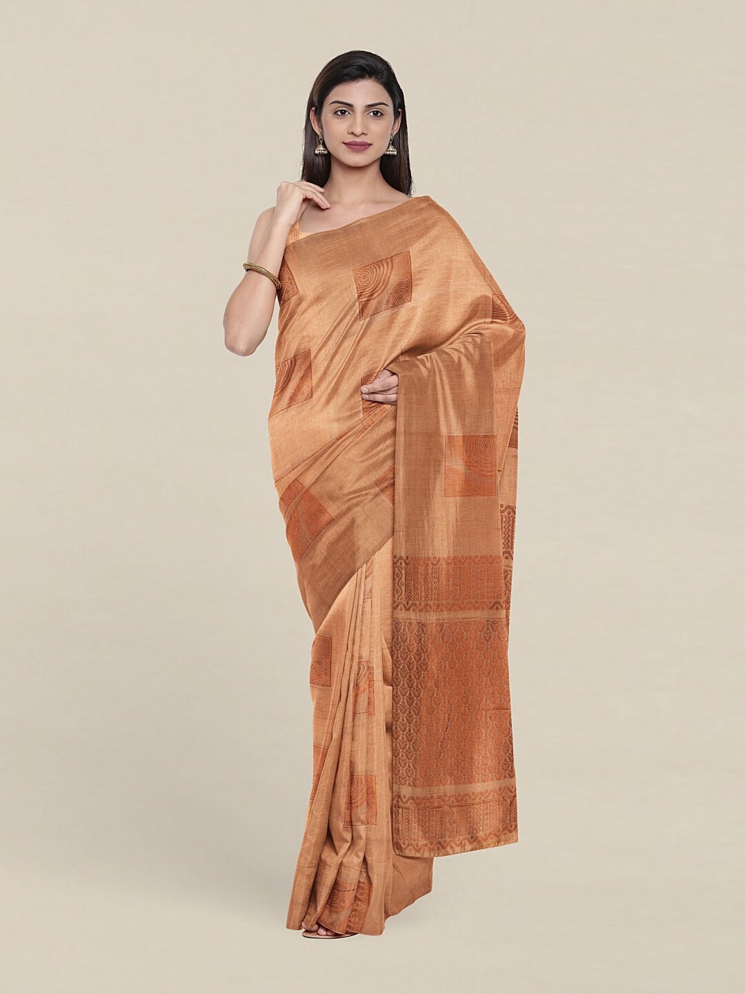 

Pothys Cream-Coloured & Copper-Toned Ethnic Motifs Zari Pure Silk Saree