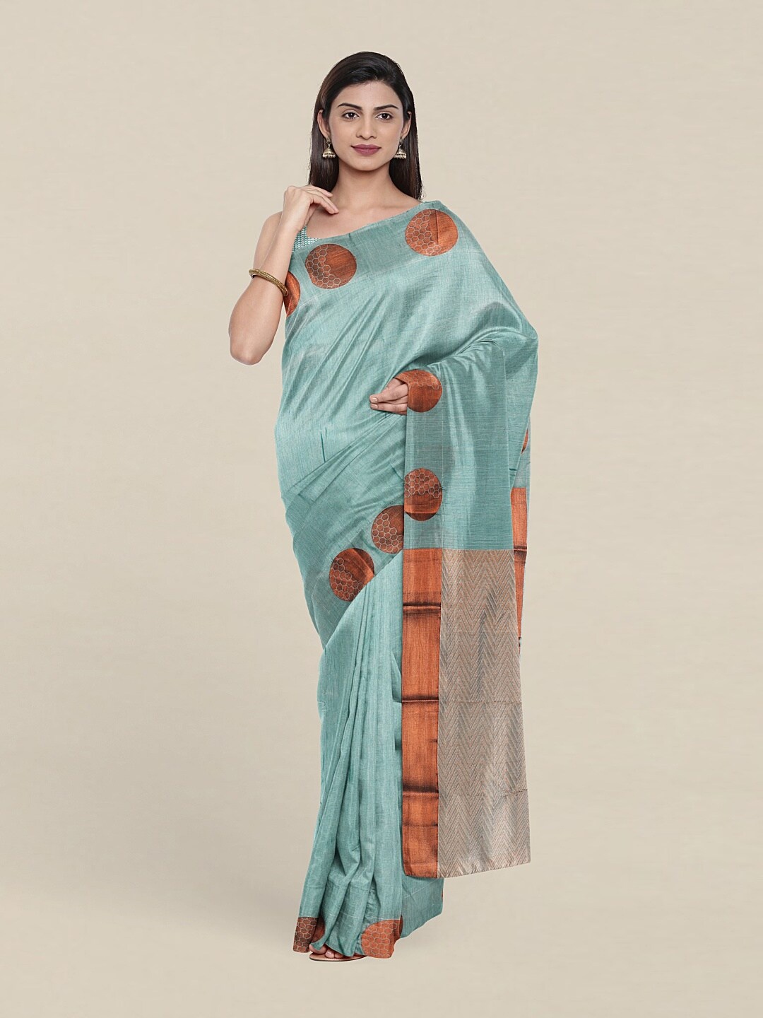 

Pothys Blue & Copper-Toned Zari Pure Silk Saree