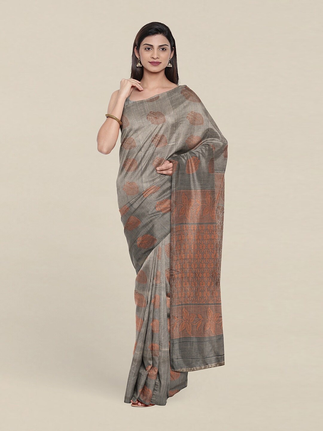 

Pothys Grey & Copper-Toned Woven Design Zari Pure Silk Saree