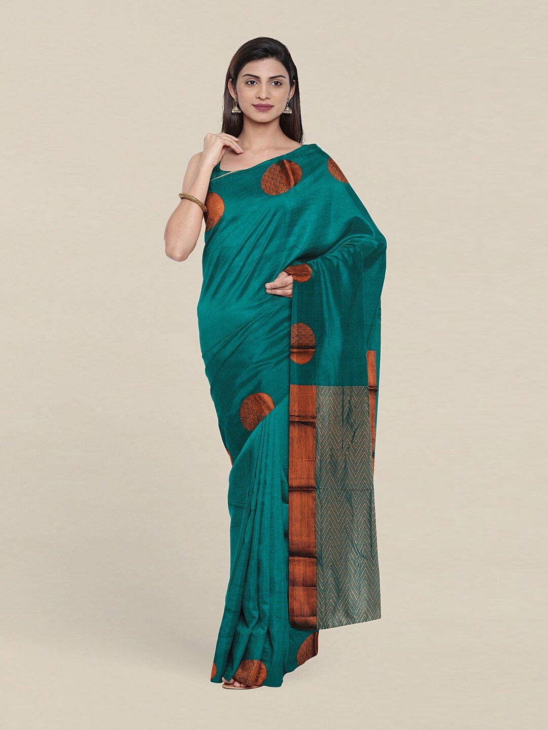 

Pothys Green & Gold-Toned Woven Design Zari Pure Silk Saree