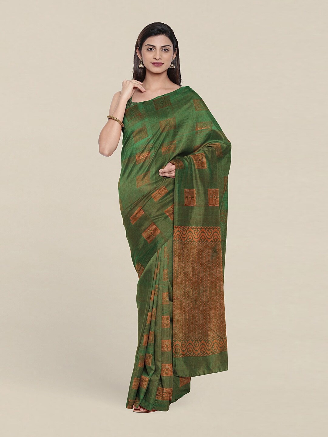 

Pothys Green & Copper-Toned Woven Design Zari Pure Silk Saree