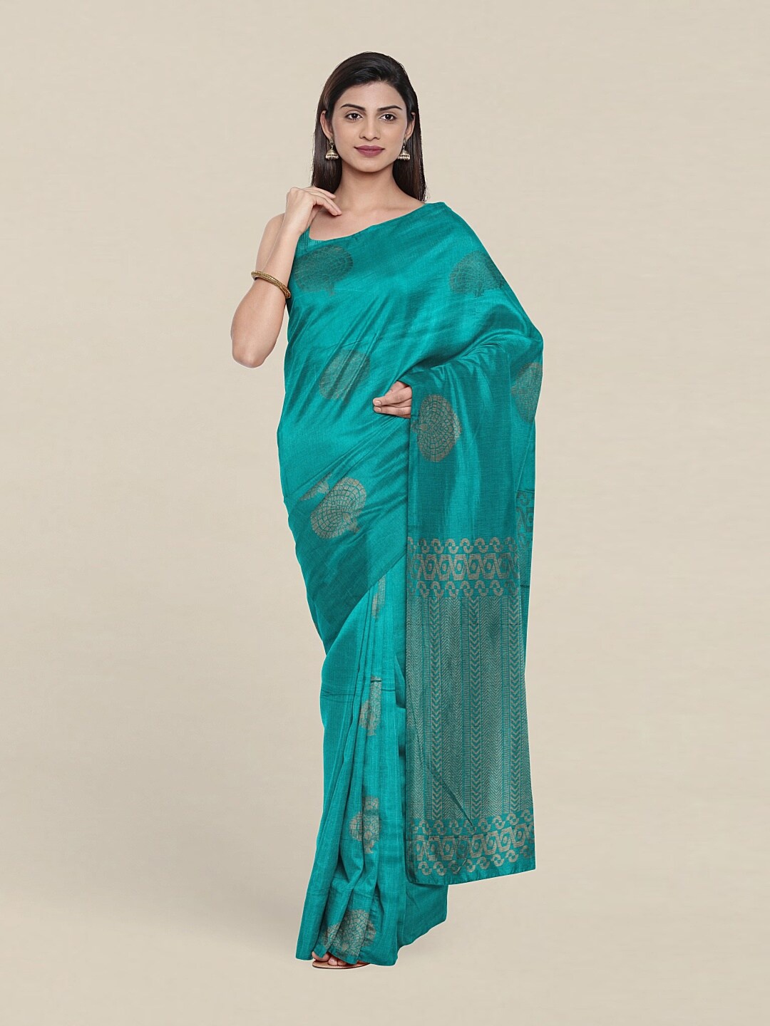 

Pothys Green & Copper-Toned Woven Design Zari Pure Silk Saree