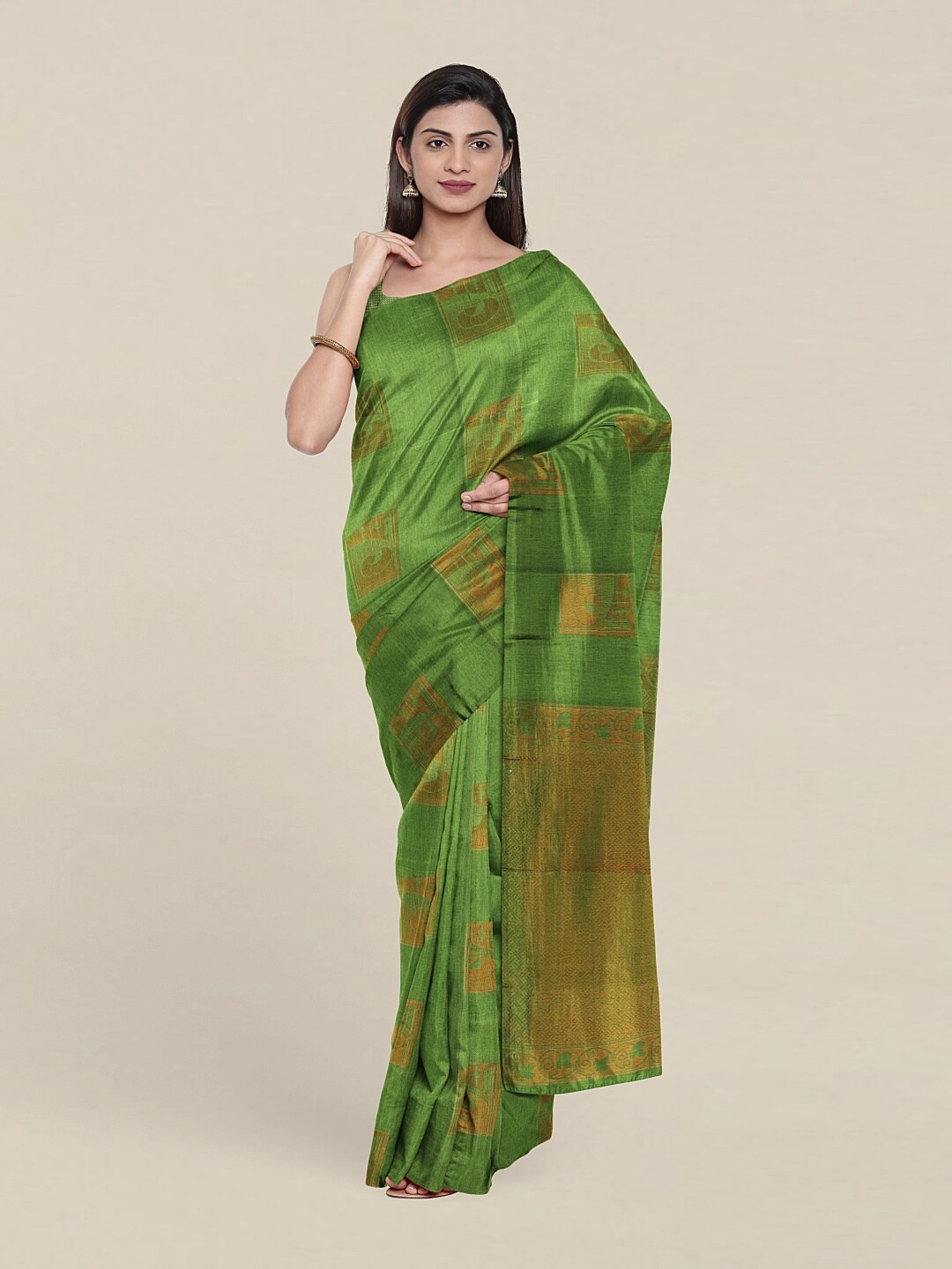 

Pothys Green & Copper-Toned Woven Design Zari Pure Silk Saree