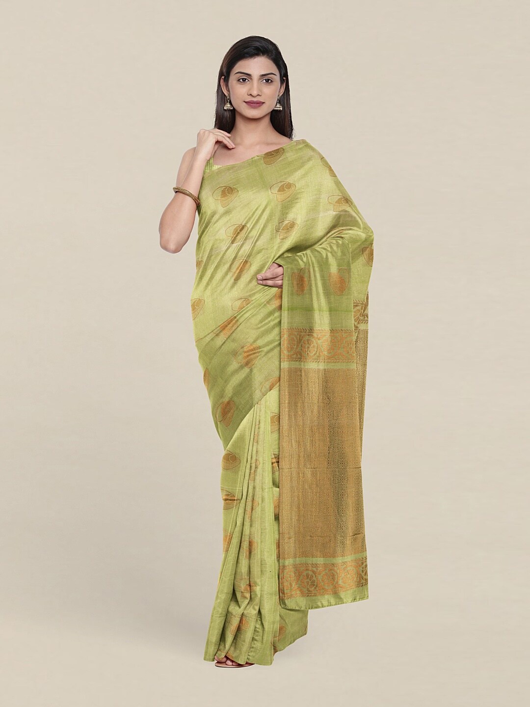 

Pothys Green & Copper-Toned Woven Design Zari Pure Silk Saree